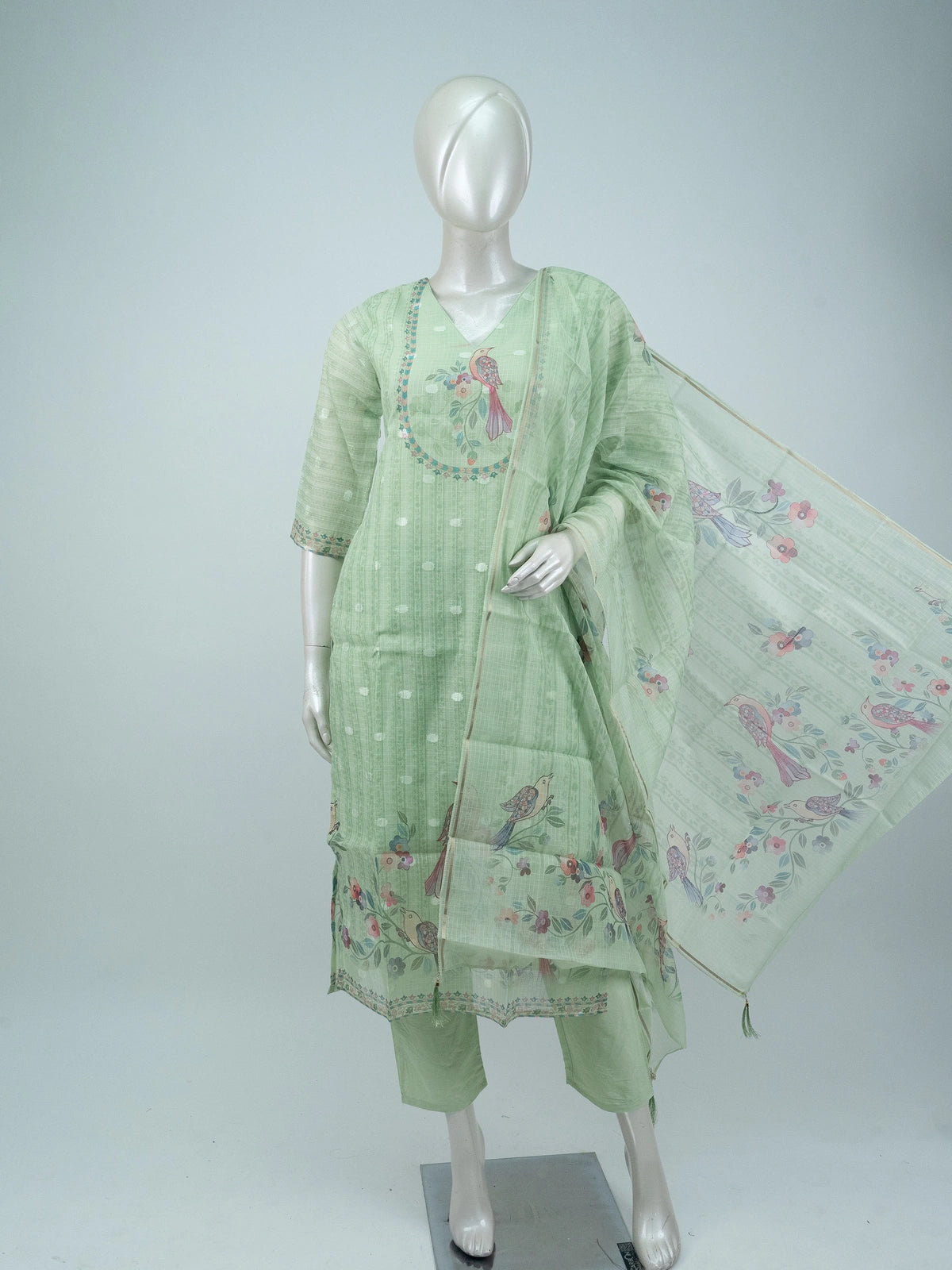 Sage Green bird print Kota cotton straight cut kurti set with pants and dupatta