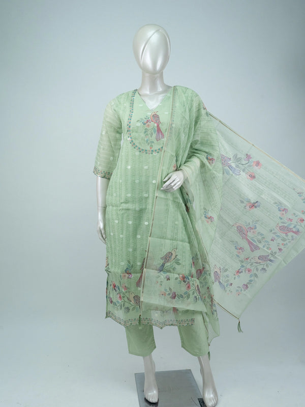 Sage Green bird print Kota cotton straight cut kurti set with pants and dupatta