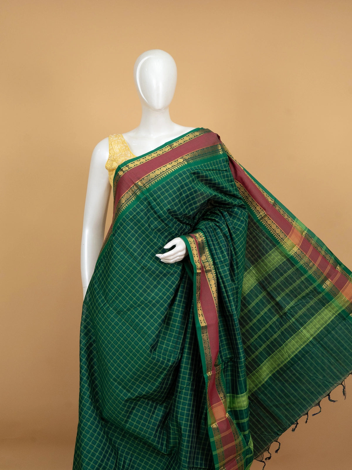 Green Chettinad cotton saree with gold checks and contrast maroon zari border