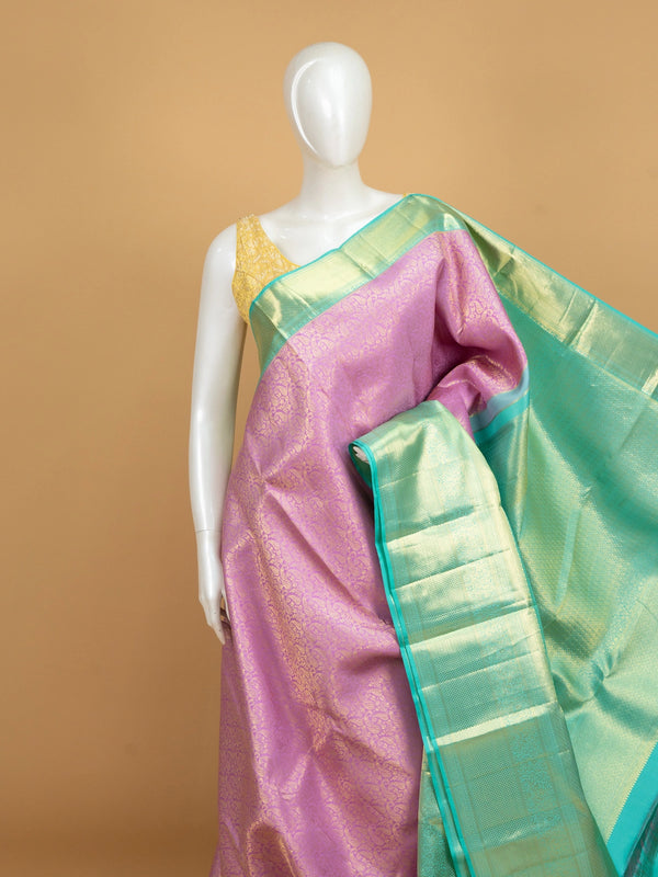 Pink and teal green pure Kanchipuram silk saree with allover gold zari brocade and contrast border