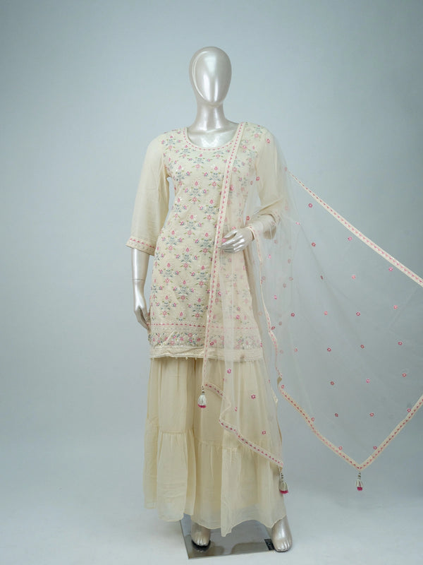 Cream multicolour floral embroidered straight cut kurti sharara set with net dupatta