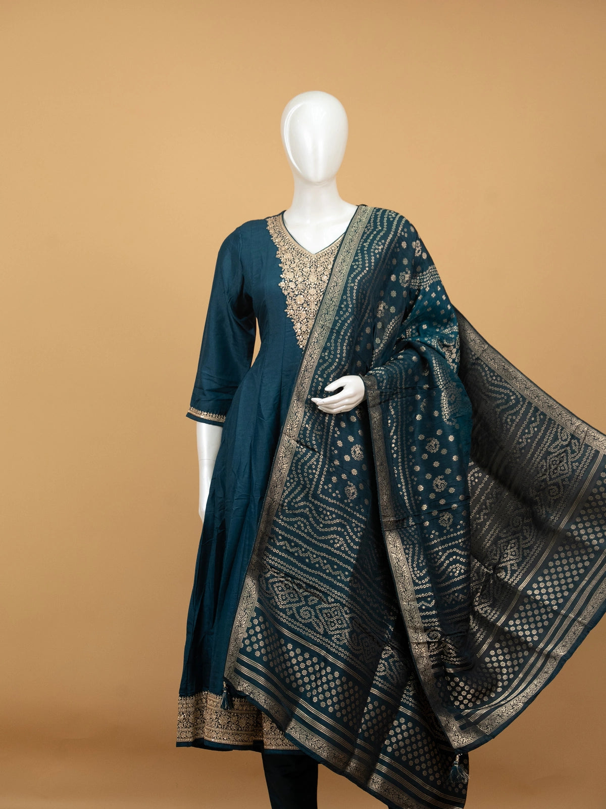 Teal Blue Art Silk Zari Embroidered Anarkali Kurti Set with Bandhani Dupatta