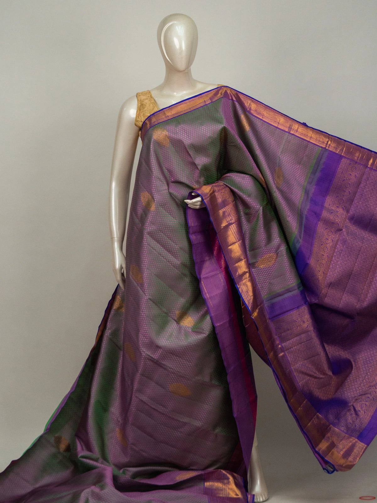Mauve and violet pure Kanchipuram silk saree with gold zari buttas and contrast violet zari border
