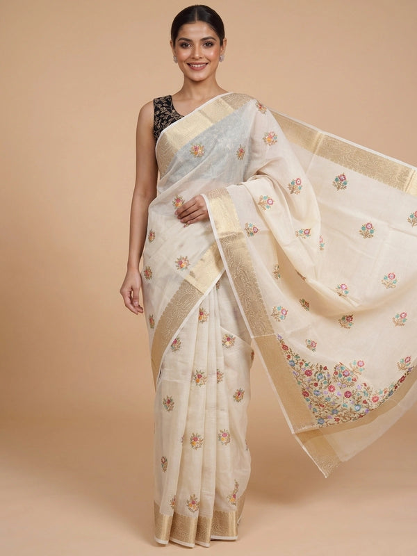 Cream linen cotton saree with gold zari border and multicolour floral embroidery