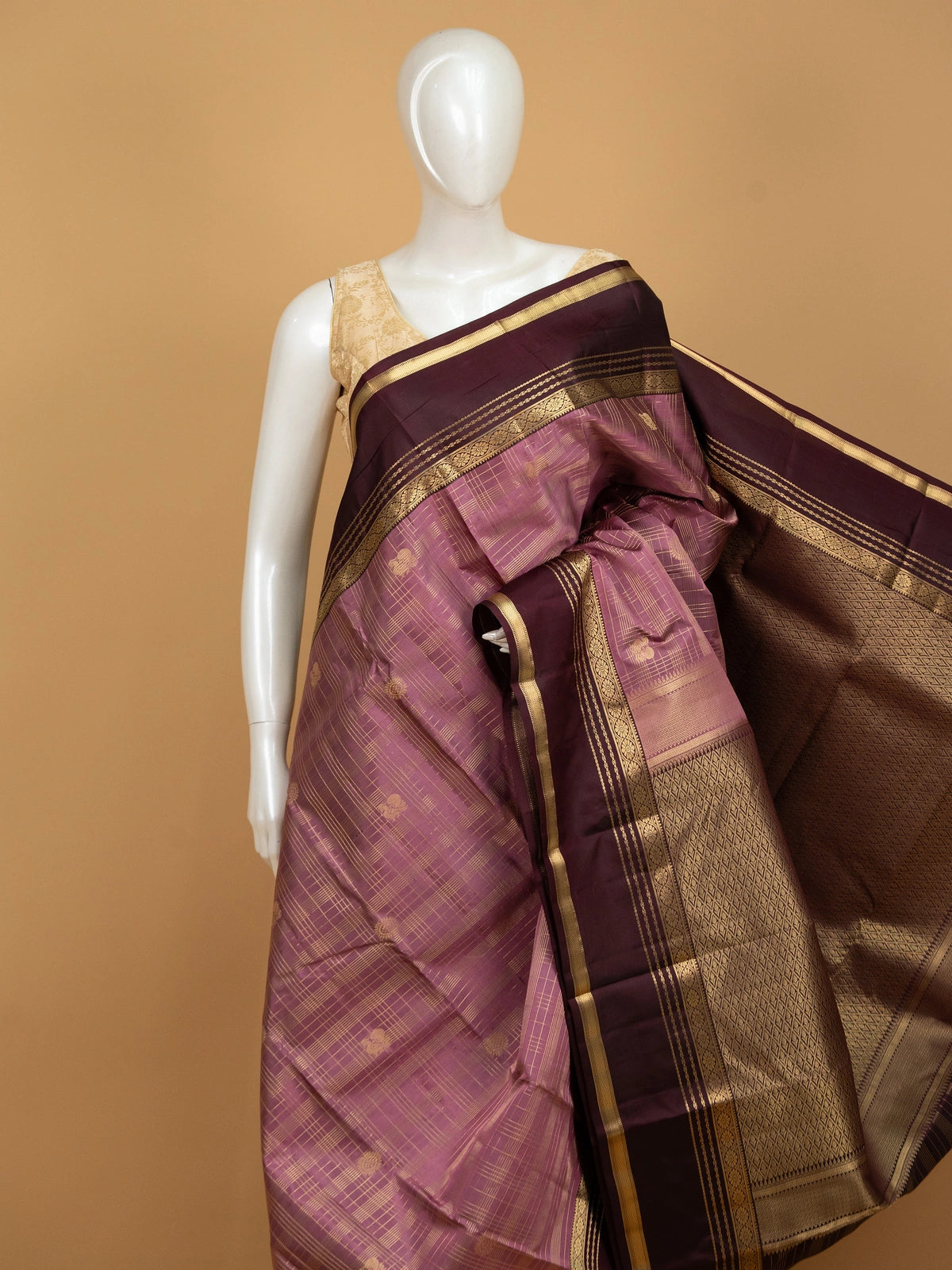 Dusty mauve pure Kanchipuram silk saree with wine contrast border and gold zari pallu
