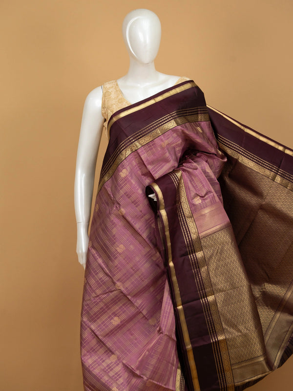Dusty mauve pure Kanchipuram silk saree with wine contrast border and gold zari pallu