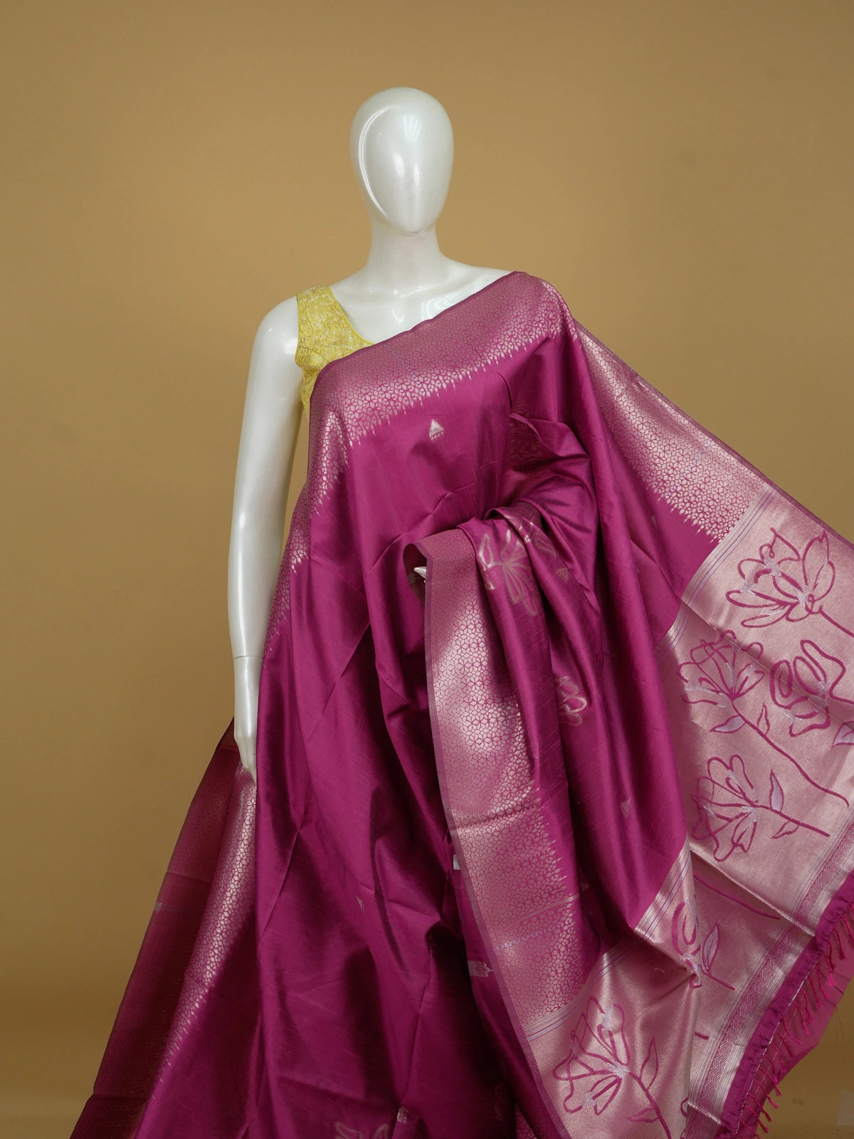 Magenta pink semi tussar saree with silver zari lotus pallu and contrast border