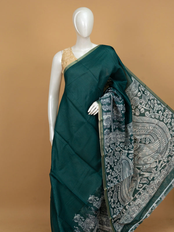 Teal green linen cotton saree with white kalamkari peacock and floral pallu and gold zari border