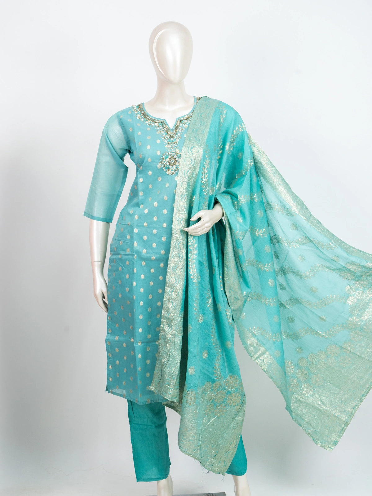 Turquoise zari embellished Chanderi silk straight cut kurti set with matching pants and gold zari dupatta