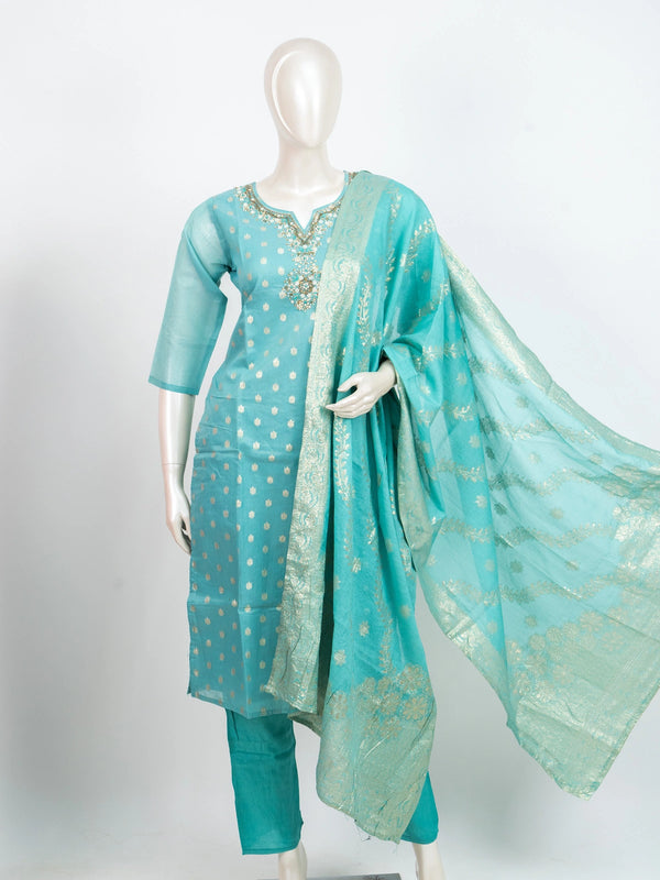 Turquoise zari embellished Chanderi silk straight cut kurti set with matching pants and gold zari dupatta