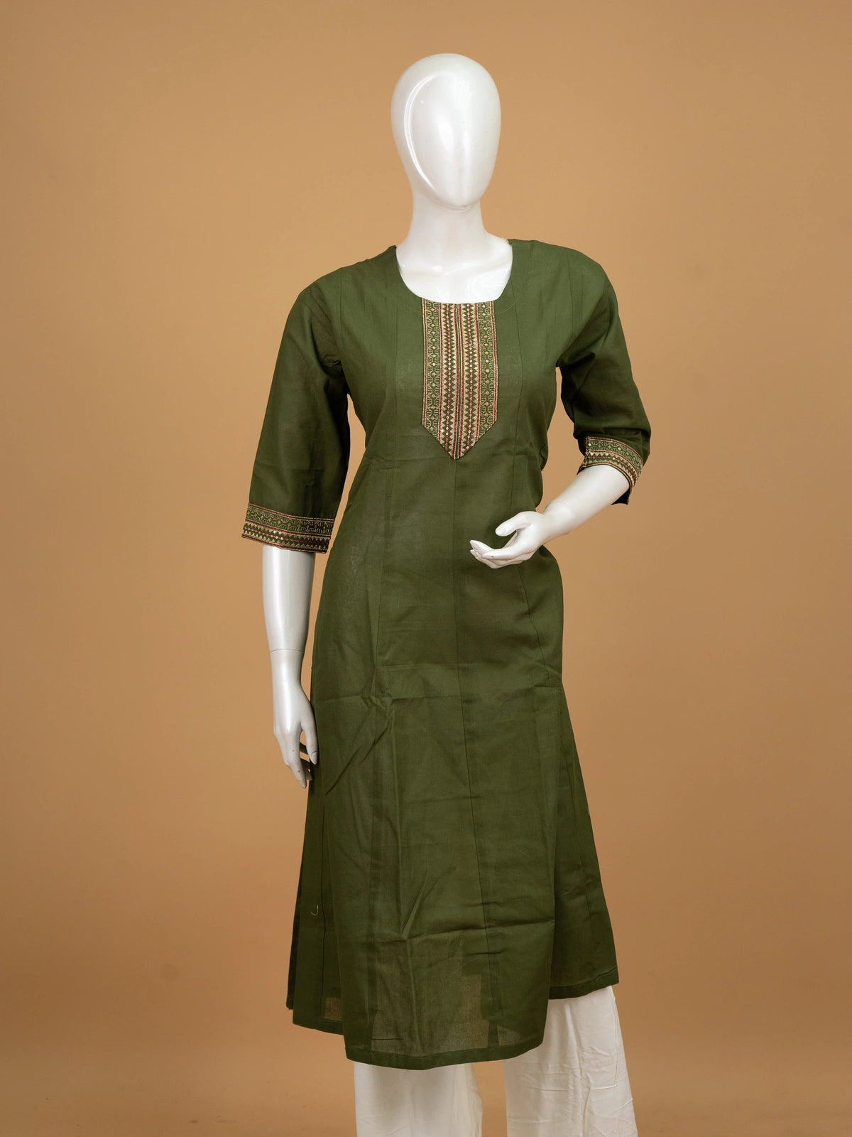Mehendi green cotton Anarkali kurti top with gold zari embroidered front placket and 3/4th sleeves