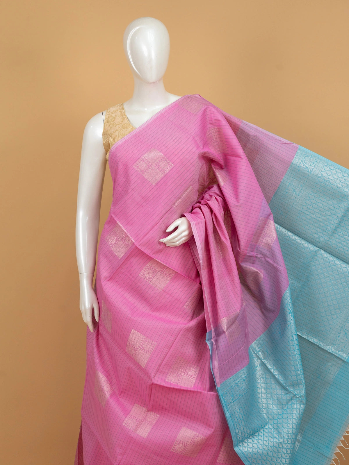 Pink silk cotton saree with silver zari buttas and contrast sky blue zari border and pallu
