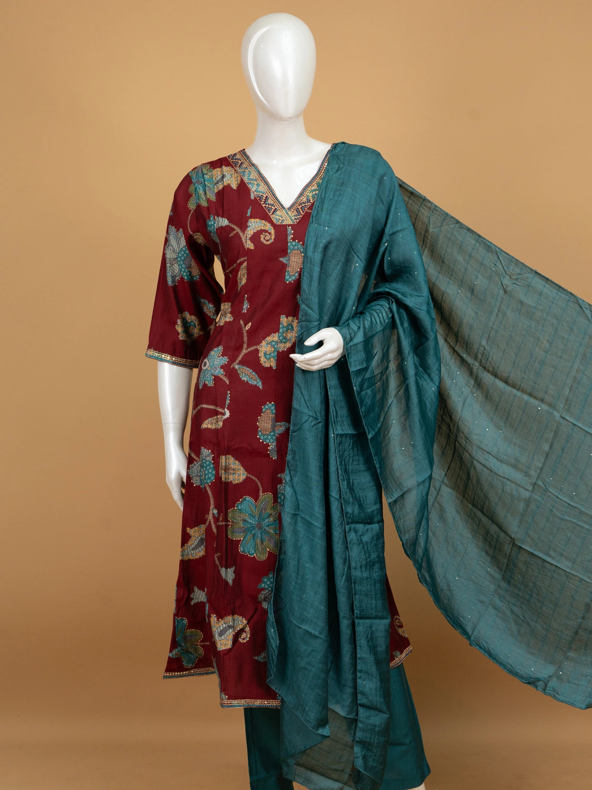Maroon floral printed A-line kurti set with teal pants and dupatta