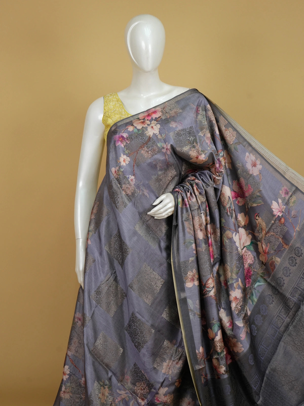 Grey semi tussar saree with floral and bird digital print and silver zari border