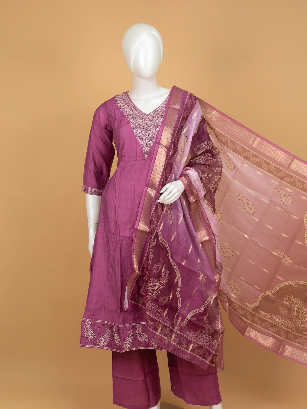 Mauve embroidered cotton silk A-line kurti set with zari paisley dupatta and straight pants