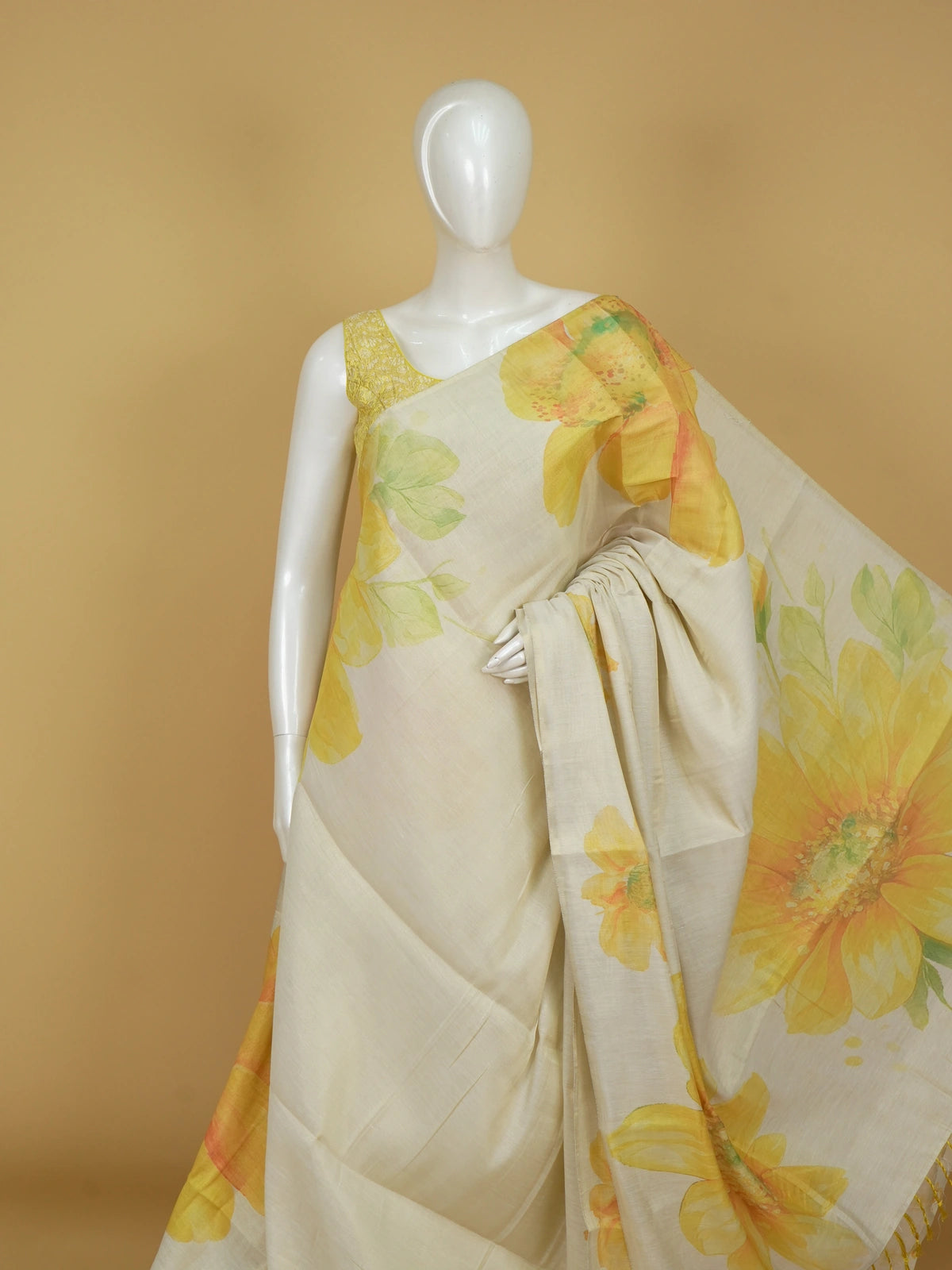 Cream linen cotton saree with yellow watercolour floral print and matching blouse