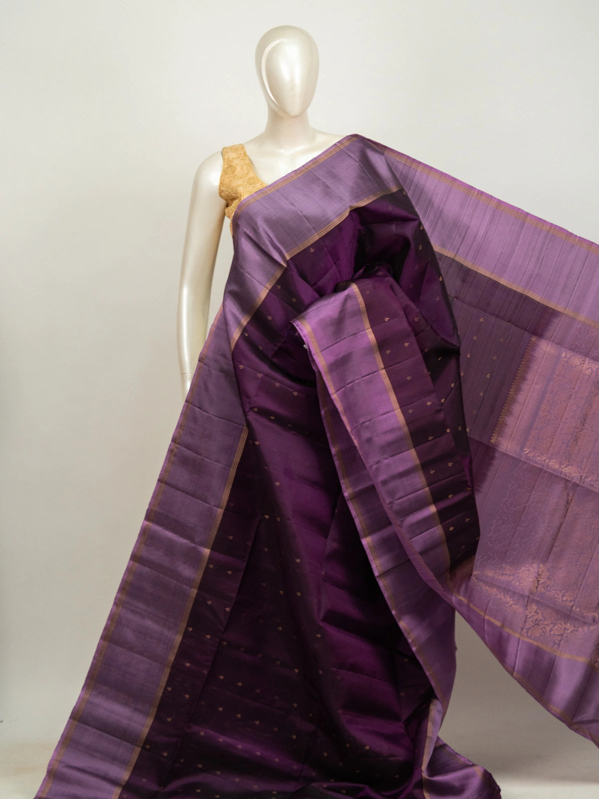 Purple pure soft silk saree with lavender contrast border, gold zari buttis and floral zari pallu