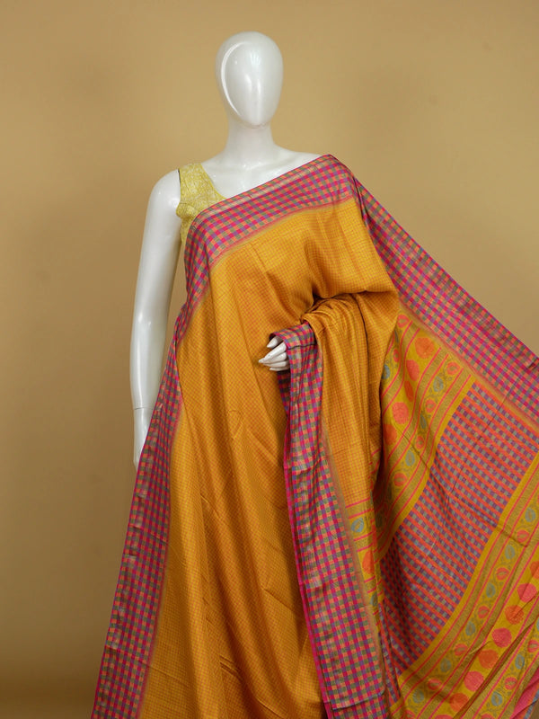 Mustard yellow Dola silk saree with pink checks and contrast multicolour checked border