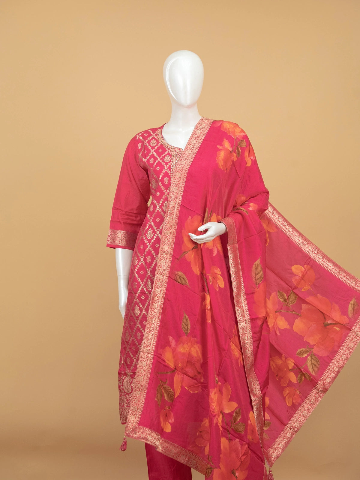 Rani Pink Banarasi silk zari woven straight cut kurti set with floral print dupatta