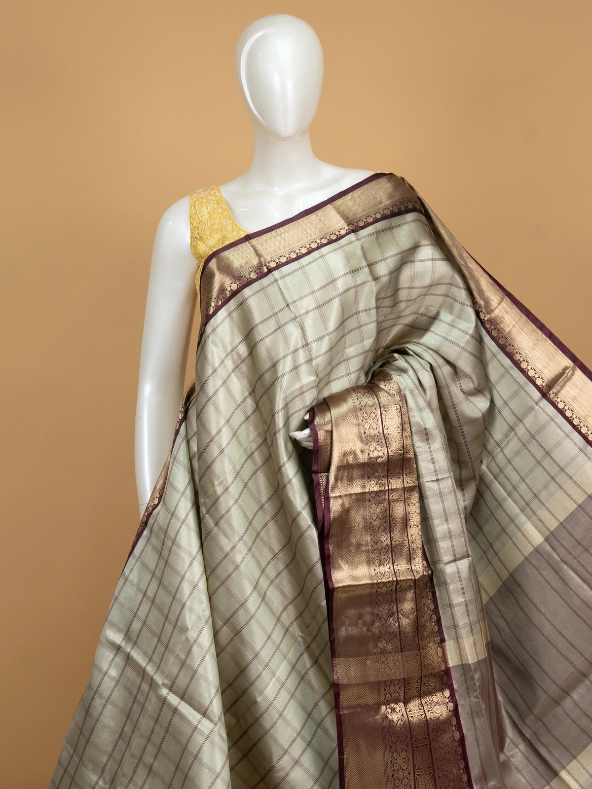 Sage grey checked Kanchi semi silk saree with contrast wine border and gold zari pallu