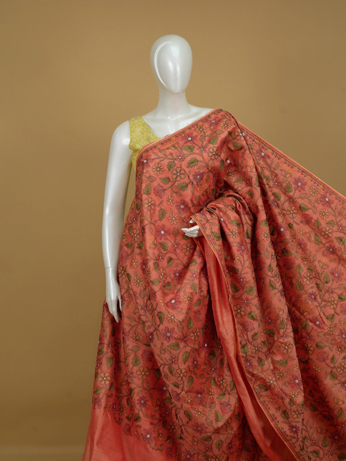 Coral art silk designer saree with multicolour allover floral embroidery and paisley border