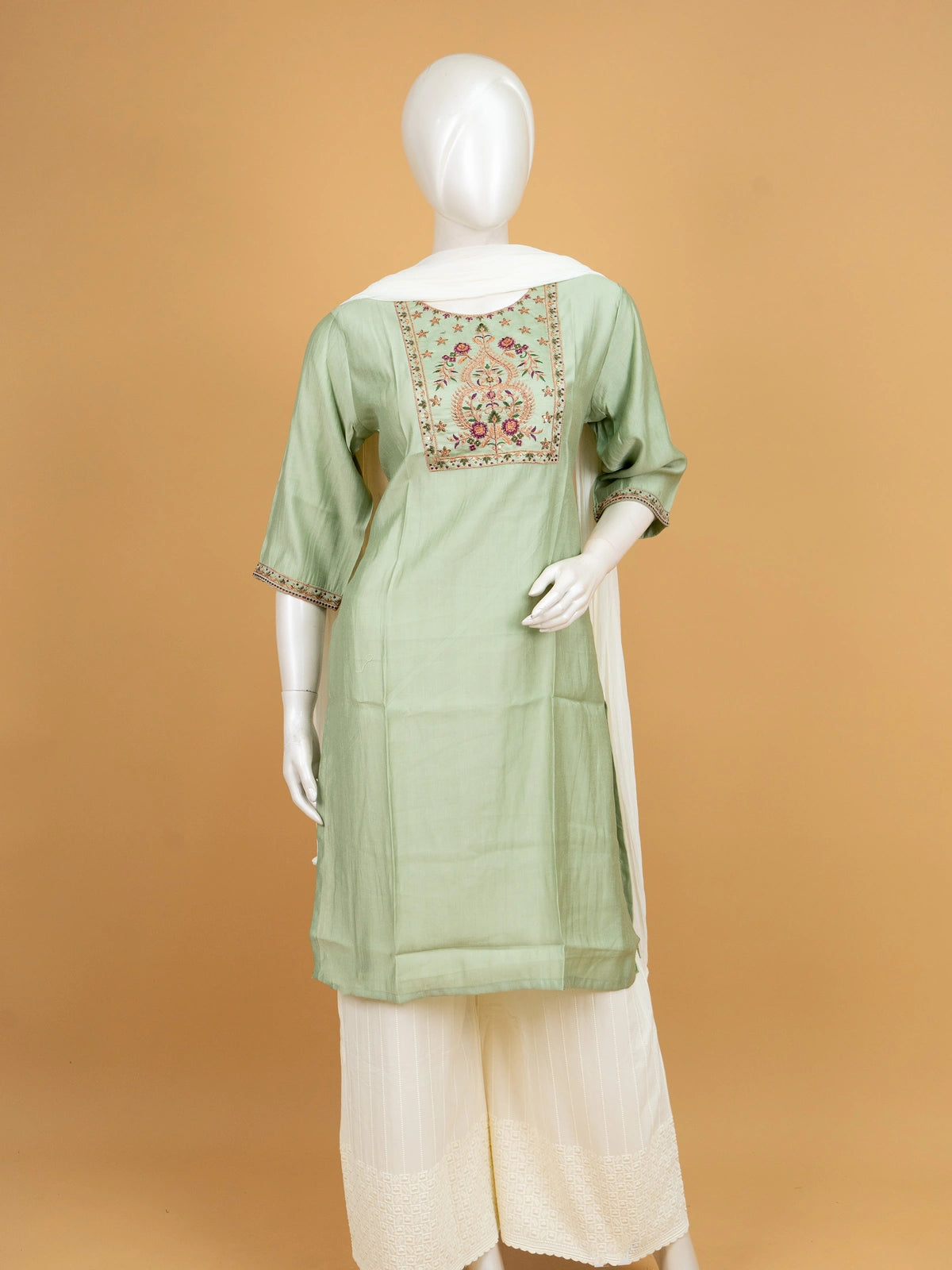 Sage green embroidered Chanderi silk Anarkali kurti top with floral zari yoke