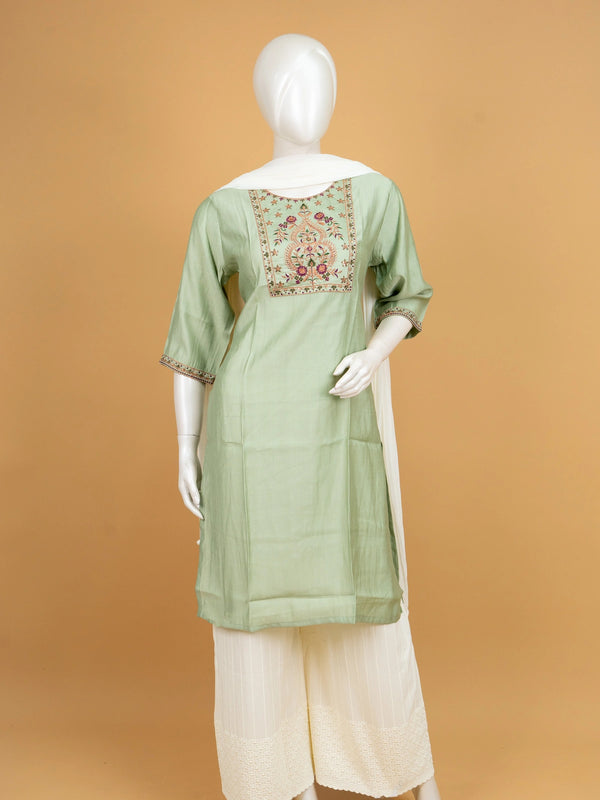 Sage green embroidered Chanderi silk Anarkali kurti top with floral zari yoke