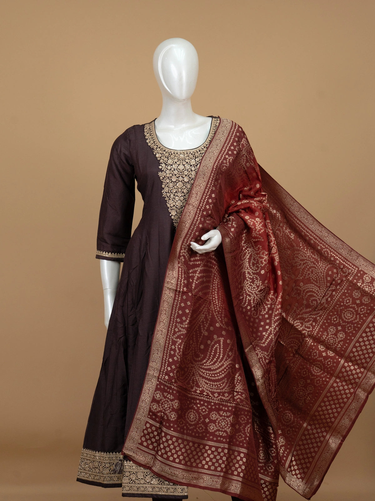 Dark Brown Zari Embroidered Anarkali Kurti Set with Maroon Bandhani Dupatta
