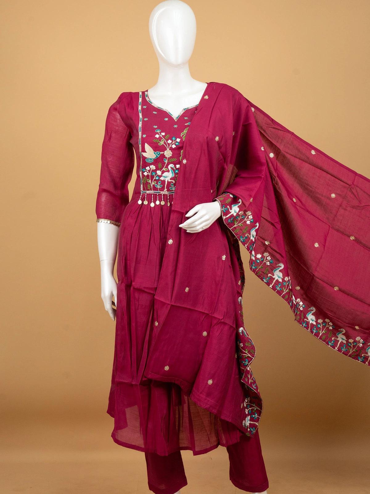 Rani Pink embroidered Anarkali kurti set with bird and palm motifs and matching dupatta