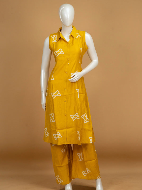 Mustard yellow geometric print cotton sleeveless shirt-style kurti with matching palazzo pants co-ord set