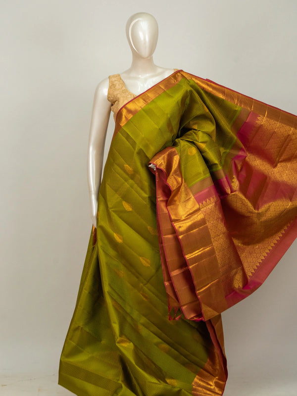 Mehendi green pure Kanchipuram silk saree with contrast pink gold zari border and pallu