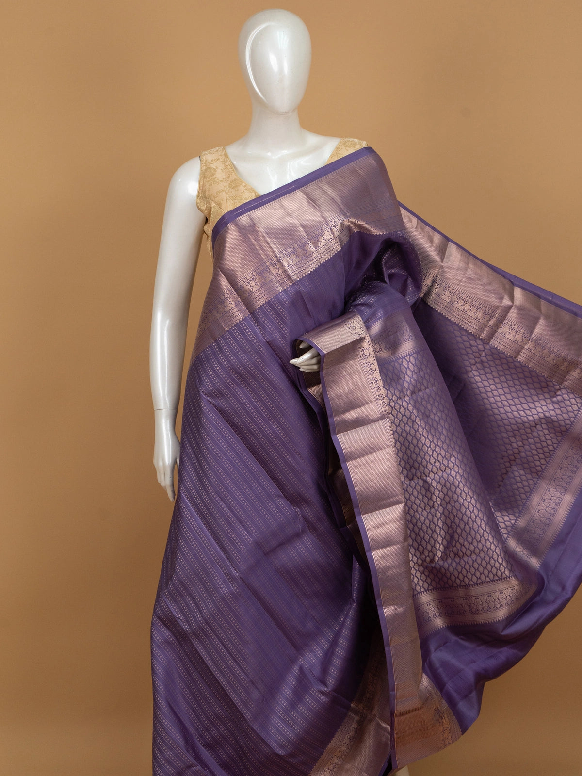 Purple and gold pure Kanchipuram silk saree with zari stripes, contrast border and ornate zari pallu