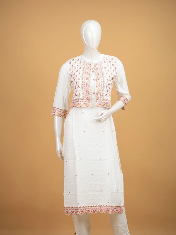 White cotton straight cut kurti set with multicolour embroidered cropped jacket and matching pants