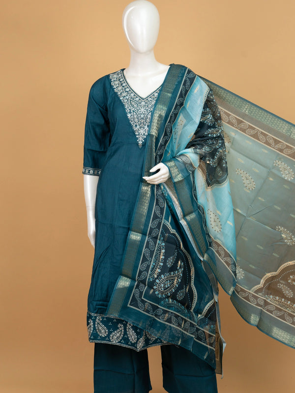 Teal cotton silk paisley embroidered A-Line kurti set with printed dupatta and matching pants