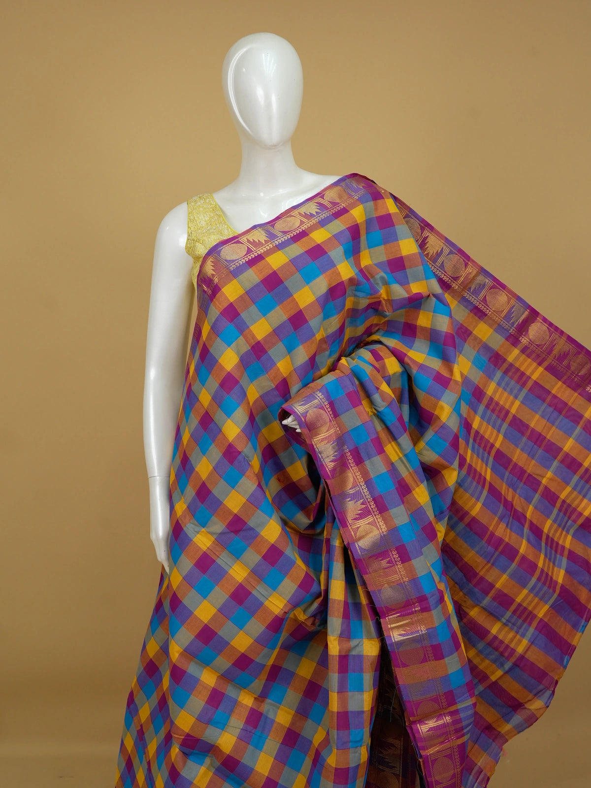 Multicolour checked Chettinad cotton saree with contrast magenta gold zari border