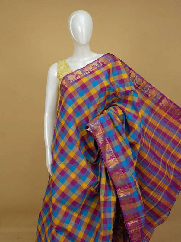 Multicolour checked Chettinad cotton saree with contrast magenta gold zari border