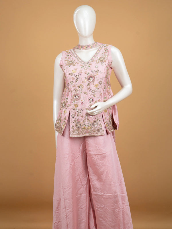 Pink floral embroidered art silk straight cut kurti set with palazzo pants and dupatta