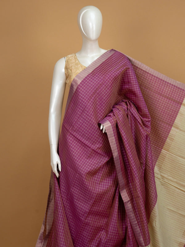 Magenta linen cotton saree with gold zari checks and contrast cream zari-striped pallu