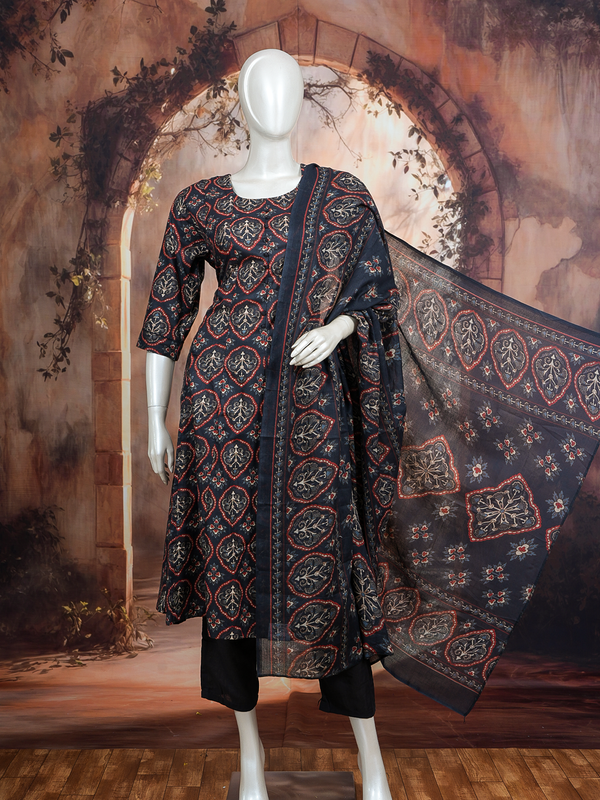 Navy Blue Ajrakh print cotton kurti set with matching printed dupatta and black straight pants