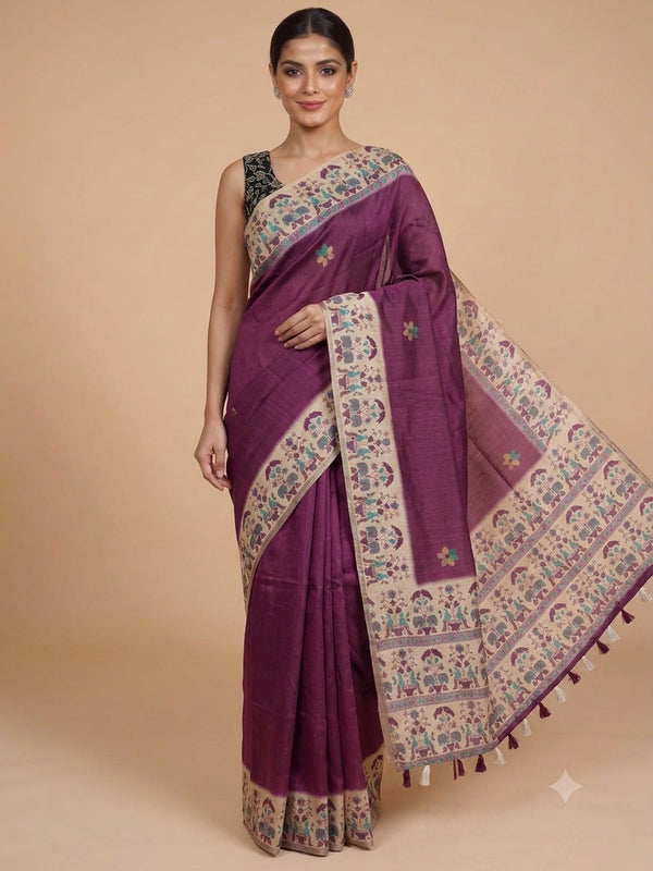Wine purple linen cotton saree with beige folk-art elephant border and black embroidered blouse