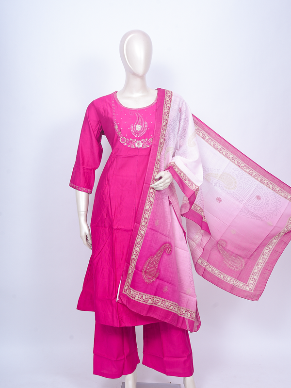 Rani pink embroidered kurti set with straight pants and ombre pink woven paisley dupatta