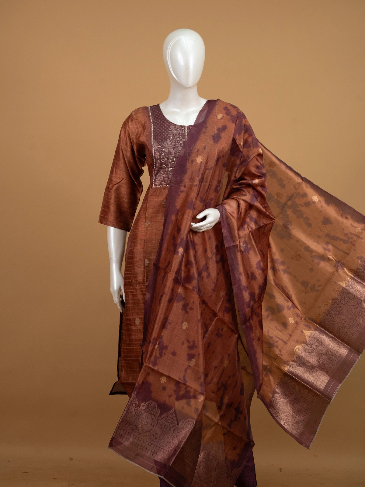 Rust brown silk blend embroidered straight cut kurti set with tie-dye dupatta