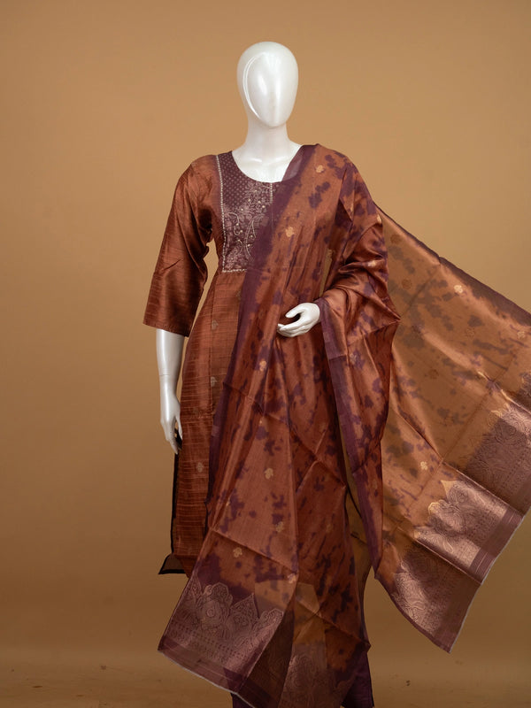 Rust brown silk blend embroidered straight cut kurti set with tie-dye dupatta