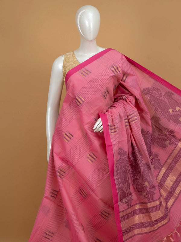 Pink silk cotton saree with magenta contrast border, gold zari buta motifs and woven paisley pallu