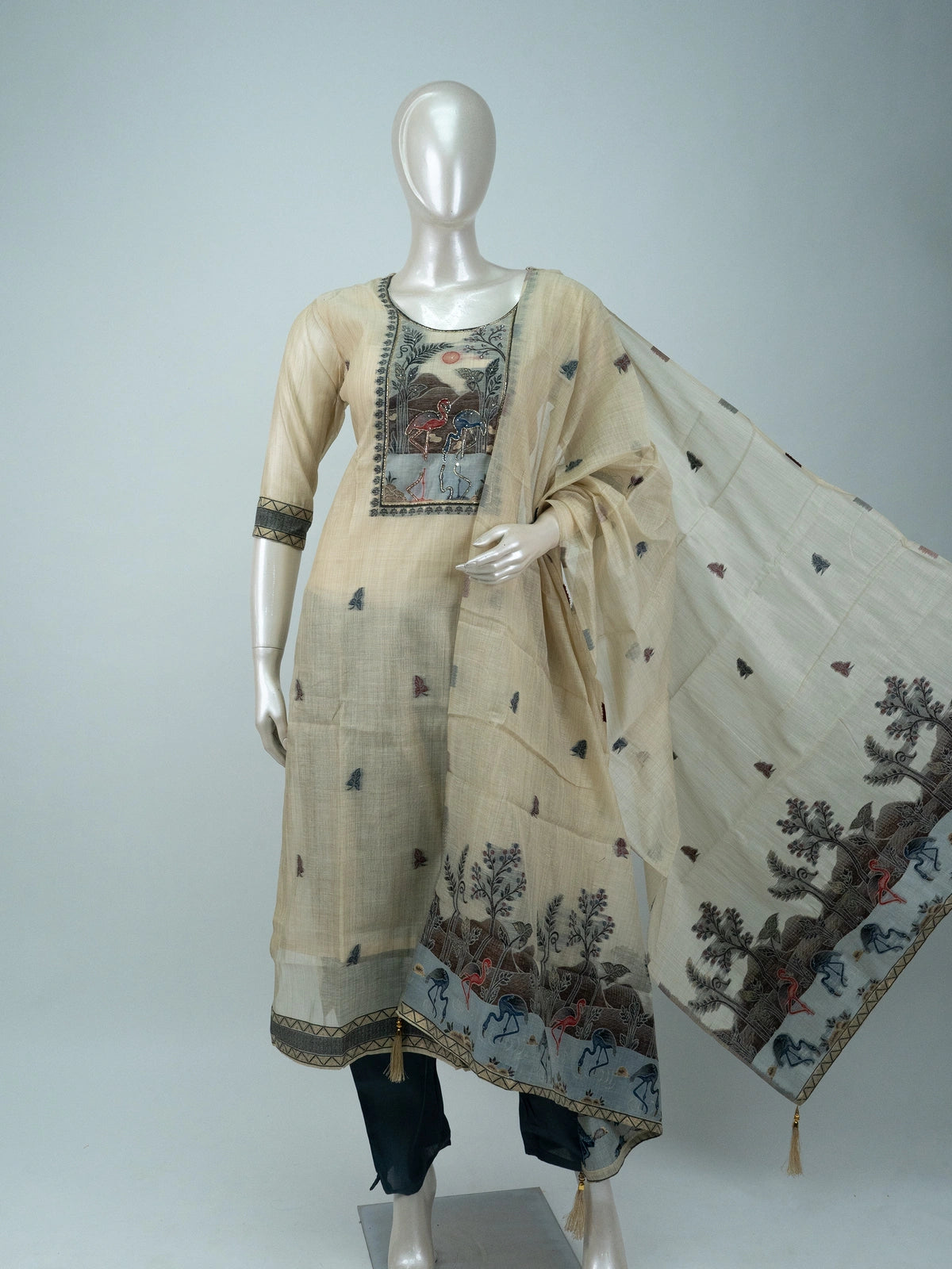 Beige Kota cotton straight cut kurti set with folk-art embroidered yoke and matching dupatta