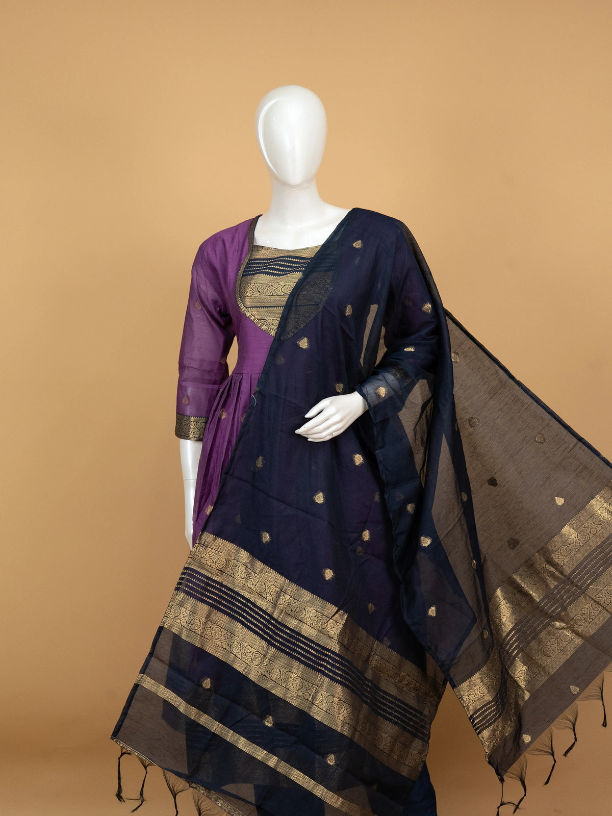 Purple Anarkali kurti set with navy blue zari woven yoke, dupatta and straight pants