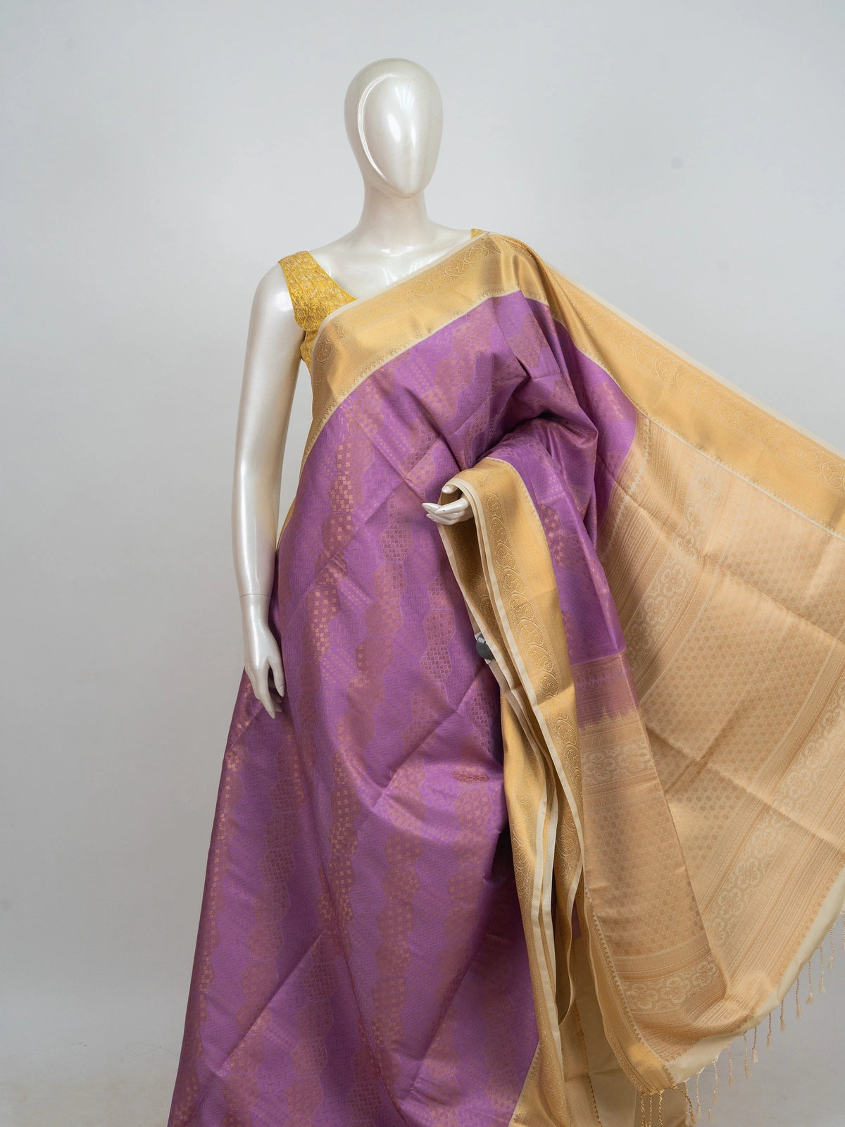 Lavender purple Kanchipuram fancy silk saree with contrast cream-gold zari border and woven pallu