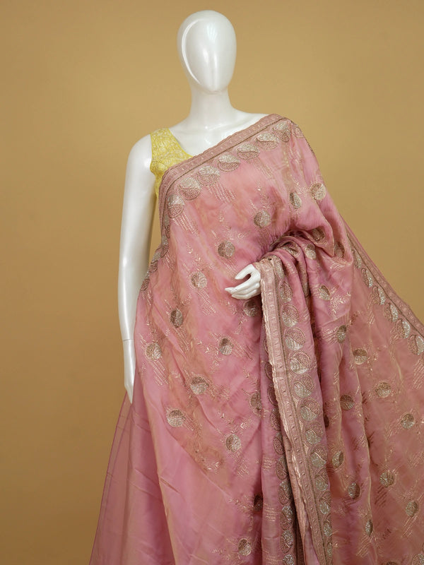 Blush pink organza designer saree with gold zari and sequin embroidered floral and paisley motifs and scalloped border