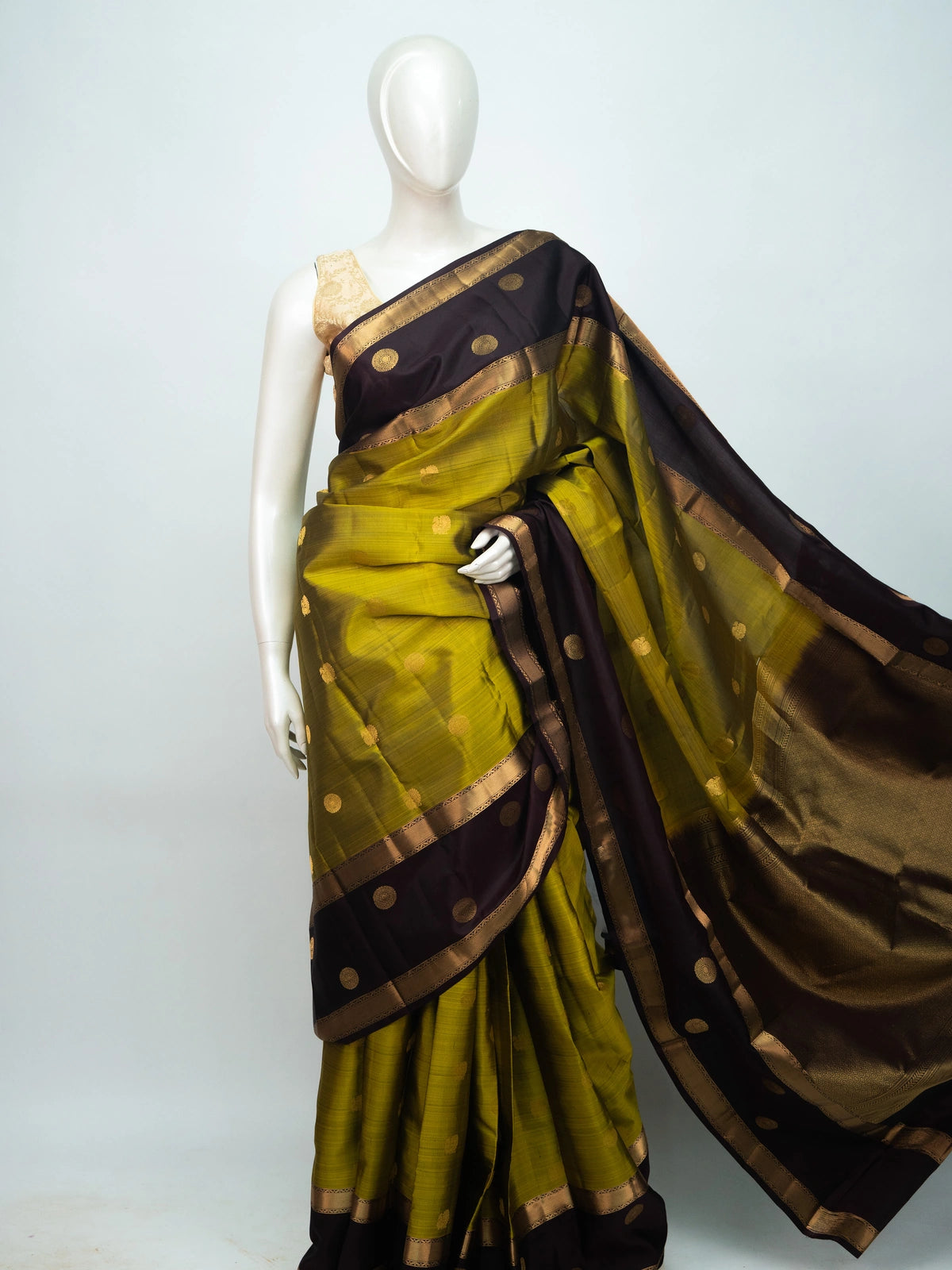 Mehndi green pure Kanchipuram silk saree with maroon contrast border and gold zari buttas