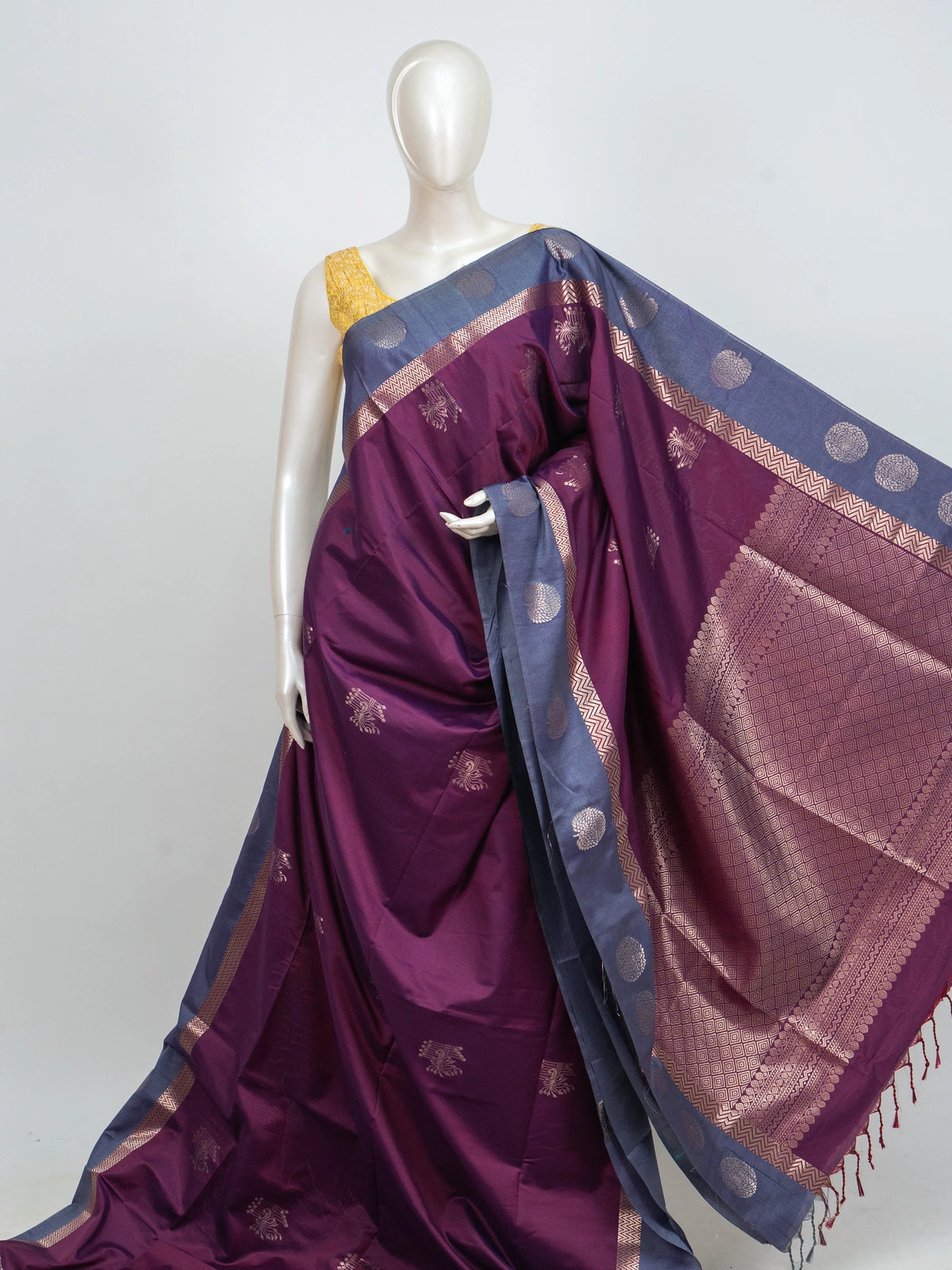 Purple Kanchipuram fancy silk saree with grey-blue contrast border and gold zari buttas